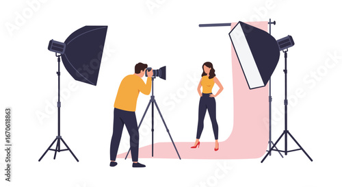 Photographer with a camera on a tripod taking pictures of a female model posing in a professional photo studio with lighting equipment.