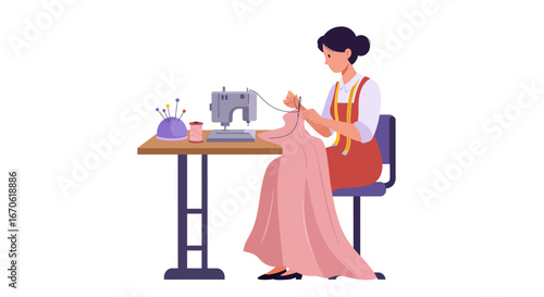 A woman meticulously sews a pink garment at her sewing machine.