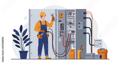 An electrician in a hard hat and overalls performs maintenance on a complex electrical panel, holding a wrench and surrounded by wires and tools.