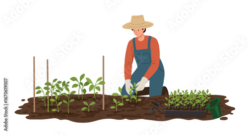 A farmer wearing a hat and overalls is planting seedlings in a garden bed, with additional seedlings in a tray nearby.