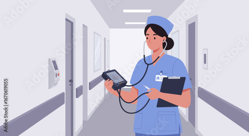 Nurse in blue scrubs and cap stands in a hospital hallway, holding a blood pressure monitor and clipboard.