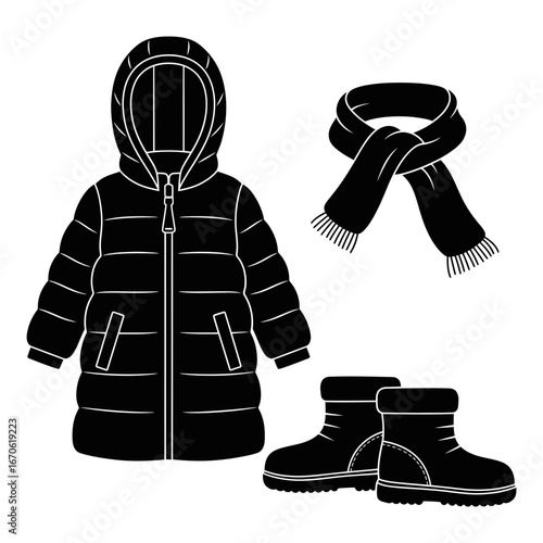 Winter kids clothing icons vector art of winter clothing set with jacket, scarf and boots vector