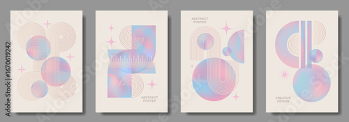 Abstract modern gradient poster vector set with Bauhaus pattern. Minimalist geometric colorful cover templates for interior design, social media, cover, banner, flyer, ads. Vector illustrations.