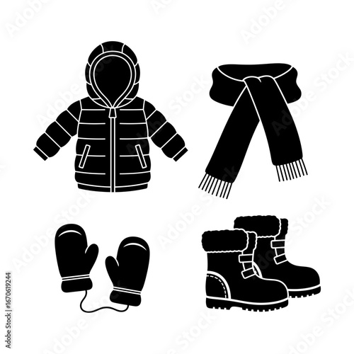 Winter kids clothing icons vector art of winter clothing set with jacket, scarf, boots and mittens vector