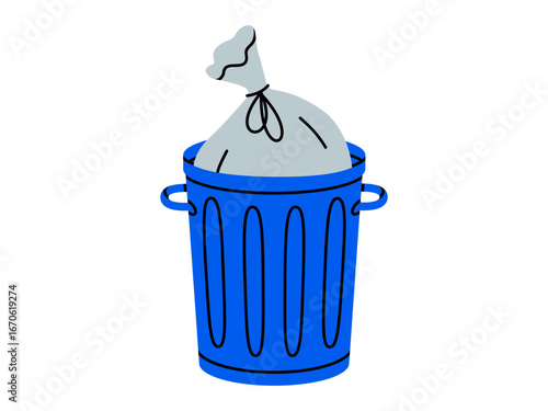 Hand drawn cute illustration of big garbage can with open lid and bag inside. Flat vector trash bin and plastic package, environmental pollution doodle. Ecology sticker, icon. Waste sorting. Isolated.