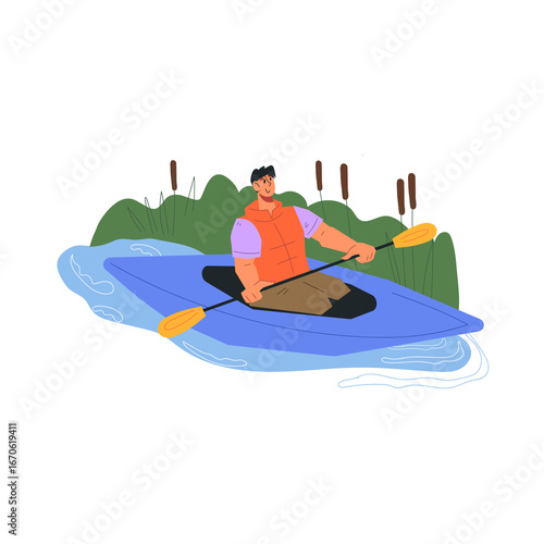 Man kayaking on a blue river with green grass and trees in the background on a sunny day outdoors