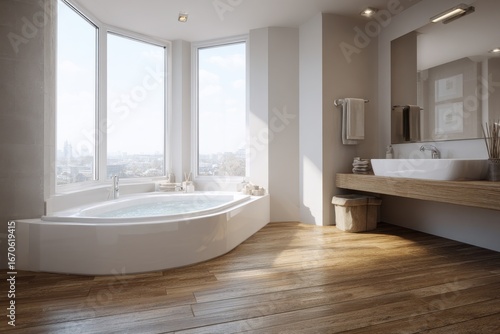 Contemporary Indoor Oasis: Elegant Tub and Sink in Gleaming White Bathroom Corner