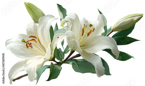 Beautiful white lily flowers with green leaves isolated on transparent background