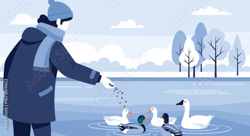 Winter Scene With Person Feeding Ducks On A Frozen Lake Illustration