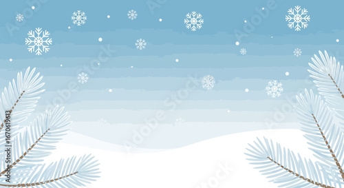 Winter Scene With Snowflakes Falling Gently And Pine Branches Background