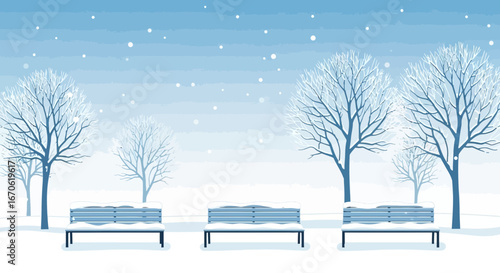 Winter Scene with Snowy Benches and Trees in a Tranquil Park Setting