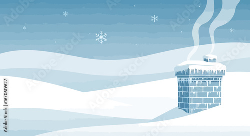 Winter Scenery Landscape With Brick Chimney And Snowflakes Over Blue Sky
