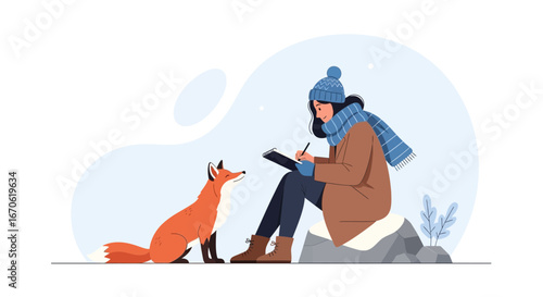 Winter Scene With Woman Sketching Fox In Snowy Landscape Outdoor Adventure