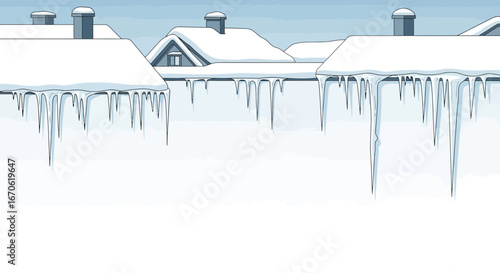 Winter Scenery of Cartoon Houses Covered With Snow and Icicles in the Roof