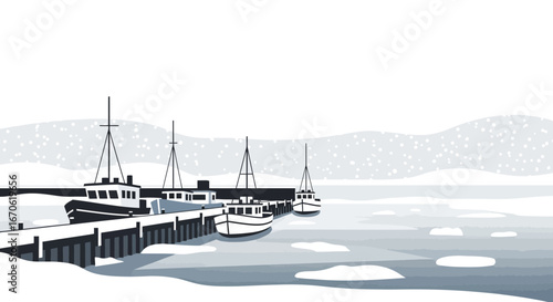 Winter Scenery Pier With Boats At Snowing Season Vector Illustration