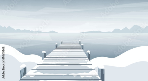 Winter Serenity Awaits on Snowy Pier Extending Over Tranquil Frozen Lake