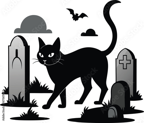 Black Cat Walking Past Tombstones Vector Clean White
