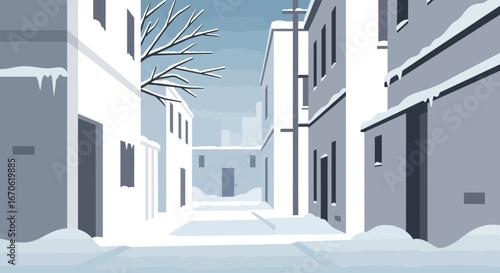 Winter Serenity Snowy Cityscape Scene In Minimalist Style With Bare Tree