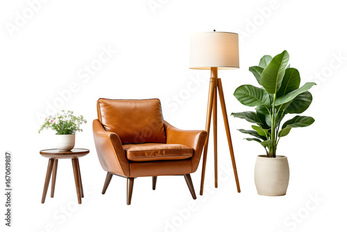 Cozy mid century modern living room scene with leather armchair floor lamp and plants transparent background