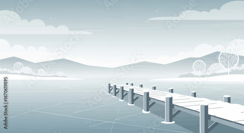 Winter Serenity Scene With A Wooden Pier And Distant Mountain Landscape
