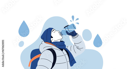 Winter Thirst Quench Illustration Showing Outdoor Hydration During Cold Weather
