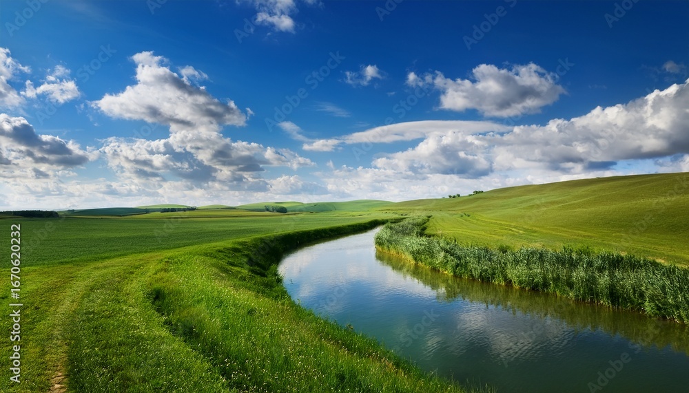 Fototapeta premium a scenic rural landscape with a narrow water canal winding through green fields under a partly cloudy sky