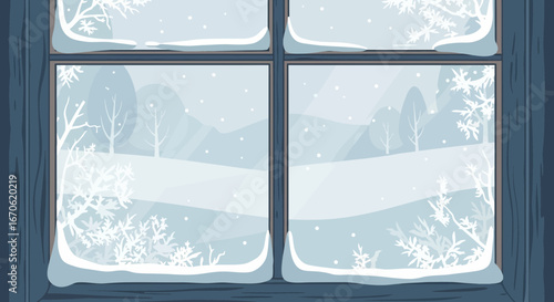 Winter Window View With Snow Covered Landscape And Frozen Details On Glass