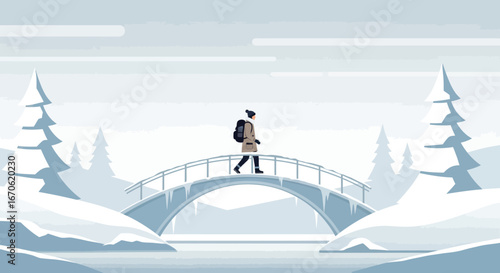 Winter Wanderer Crossing Snowy Bridge In A Frozen Landscape With Backpack