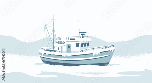 Winter's Voyage: A Snow Covered Fishing Vessel braves the elements