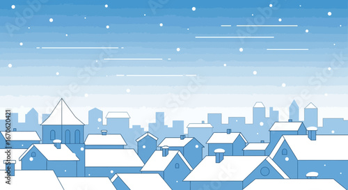 Wintertime Cityscape With Snowfall And Buildings In Minimalist Blue And White Design