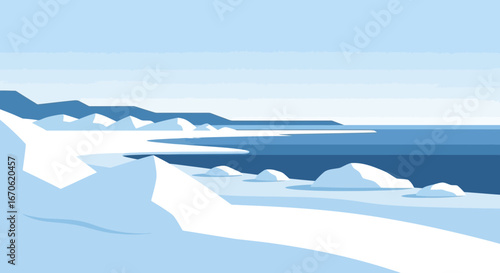Wintery Arctic Landscape Scene With Snow Covered Ground And Blue Ocean Water