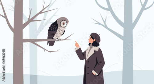 Woman And Owl In Snowy Forest Nature Encounter Flat Vector Design