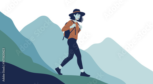 Woman Adventurer With Backpack Hiking Down Mountain Trail In Nature Vector