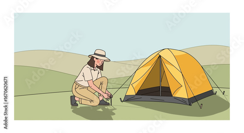 Woman Assembling Tent On Camping Trip In Outdoors Setting Under Blue Sky