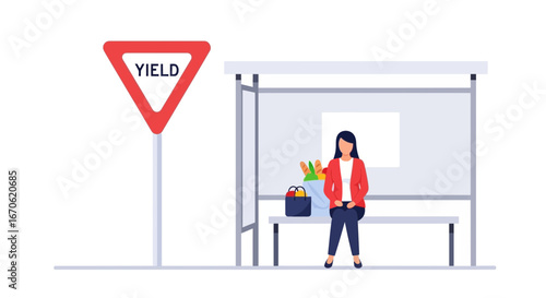 Woman At Bus Stop Next To Yield Sign After Grocery Shopping