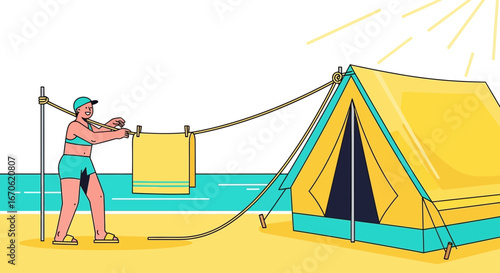 Woman Camping On The Beach Hanging Up Wet Towel On The Clothesline