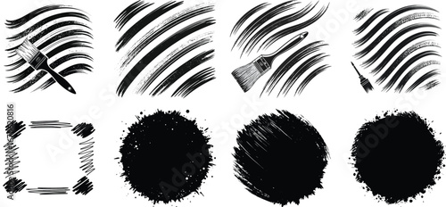 Mega bundle of different ink brush strokes:rectangle,square and round freehand drawings.Ink splatters,grungy painted lines,artistic design elements:waves,circles,triangles.Vector paintbrush set.
