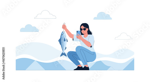 Woman Capturing Fishing Moment Using Mobile Phone Near The Sea
