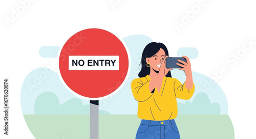 Woman Capturing Image Near No Entry Sign With Mobile Device In Outdoor Setting