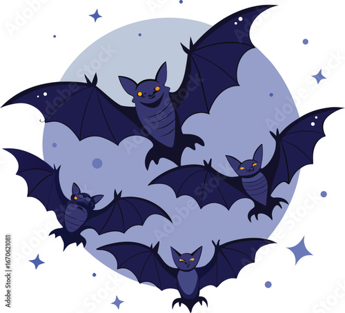 Bundle Of Six Bats Flying In Night Sky Clean White