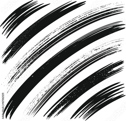 Mega bundle of different ink brush strokes:rectangle,square and round freehand drawings.Ink splatters,grungy painted lines,artistic design elements:waves,circles,triangles.Vector paintbrush set.