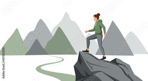 Woman Climber Reaching Peak Goal For Success Mountain Hiking Trip