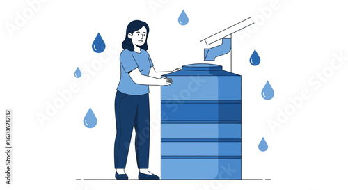 Woman Collects Rainwater For Reuse In Sustainable Environment Illustration