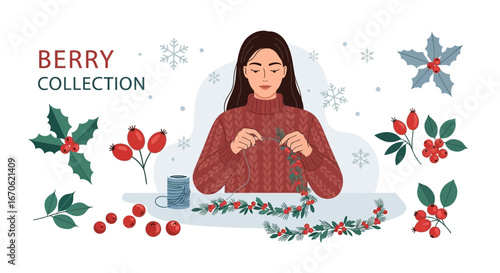 Woman Creates Festive Wreath With Berries For Holiday Decorations At Home
