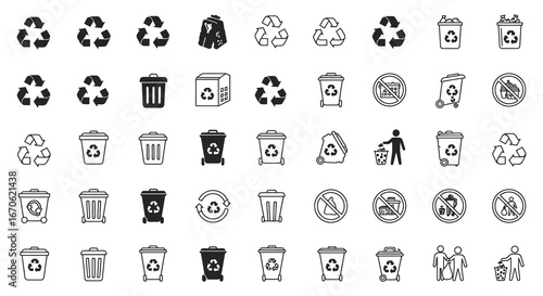 Collection of recycling and waste management icons in various styles and formats