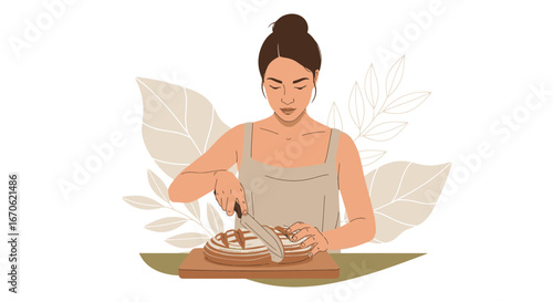 Woman Cuts Freshly Baked Bread Loaf on A Wooden Cutting Board