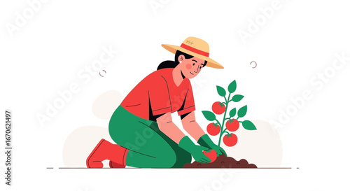 Woman Cultivating Tomatoes In An Urban Garden With Care And Dedication