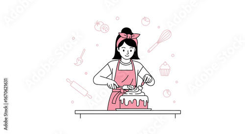 Woman Decorating Cake In Kitchen A Delightful Culinary Illustration Style Image