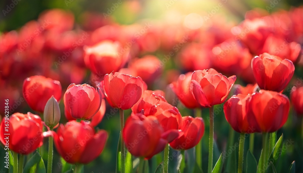 Fototapeta premium a stunning photo of a bed of red tulips with each petal in perfect focus and the background softly blurred for a dreamy effect