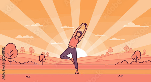 Woman Doing Yoga At Sunrise In Nature Flat Design Illustration